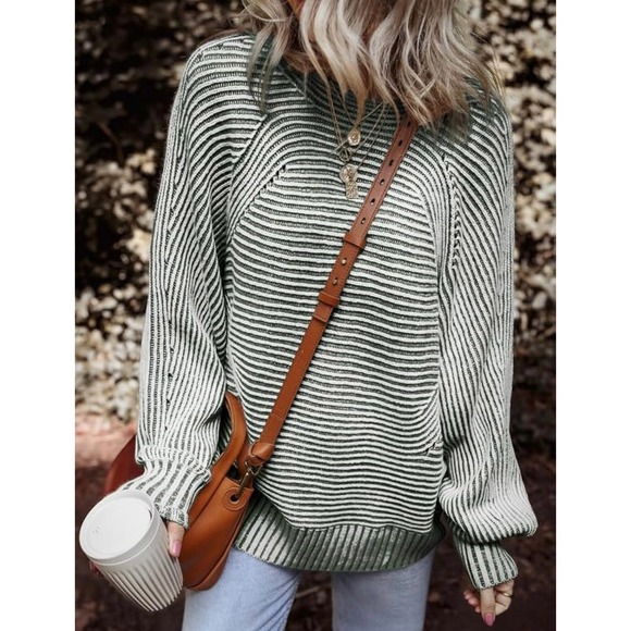 EVALESS Sweaters - EVALESS Women Sage Green Striped Ribbed Knit Oversized Raglan Sweater Medium NEW